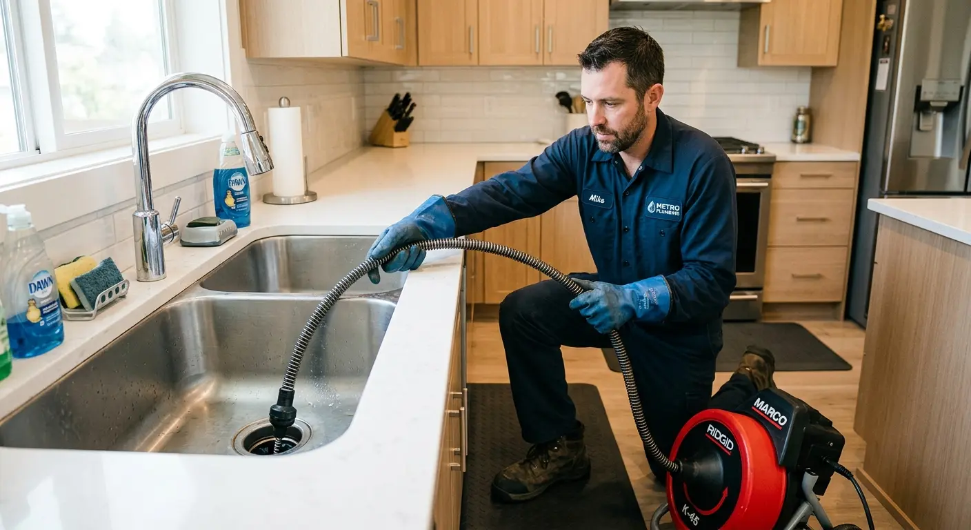 Drain cleaning technician using a motorized snake on a kitchen sink in Tewksbury