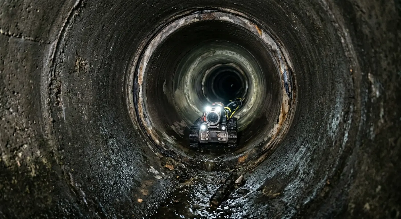 Robotic sewer camera inspecting pipe interior for Sewer Line Cleaning in Tewksbury