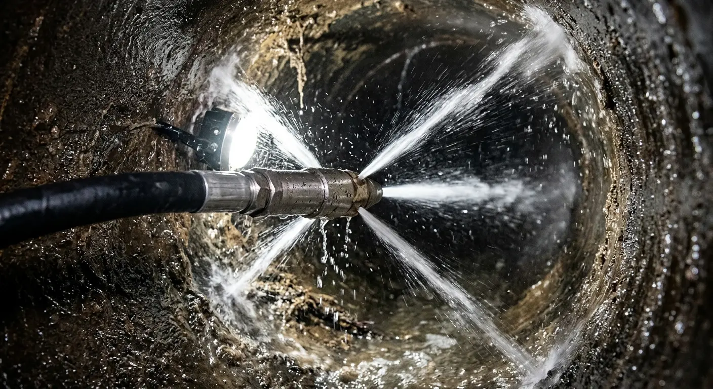 High-pressure hydro jetting nozzle cleaning sewer pipe for Emergency Drain Service in Tewksbury