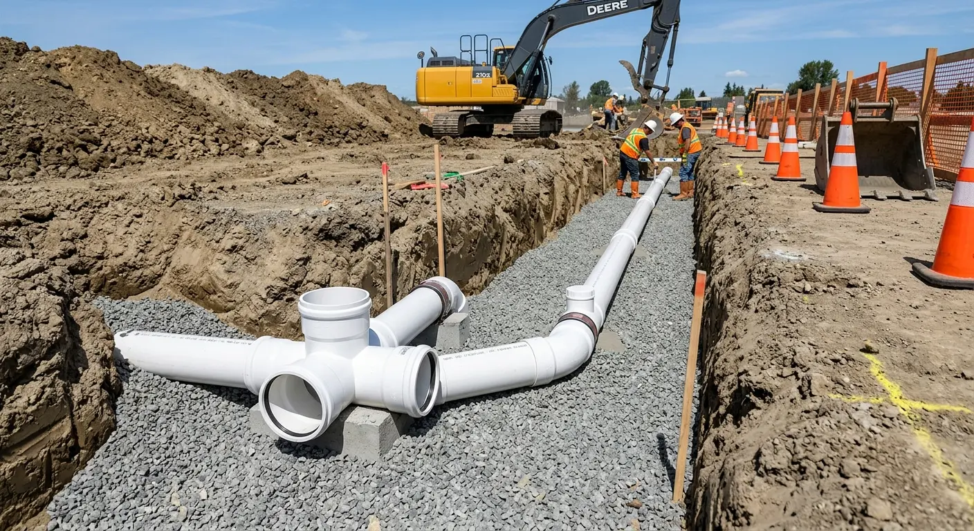 New PVC sewer pipe installation in open trench for Sewer Backup in Tewksbury