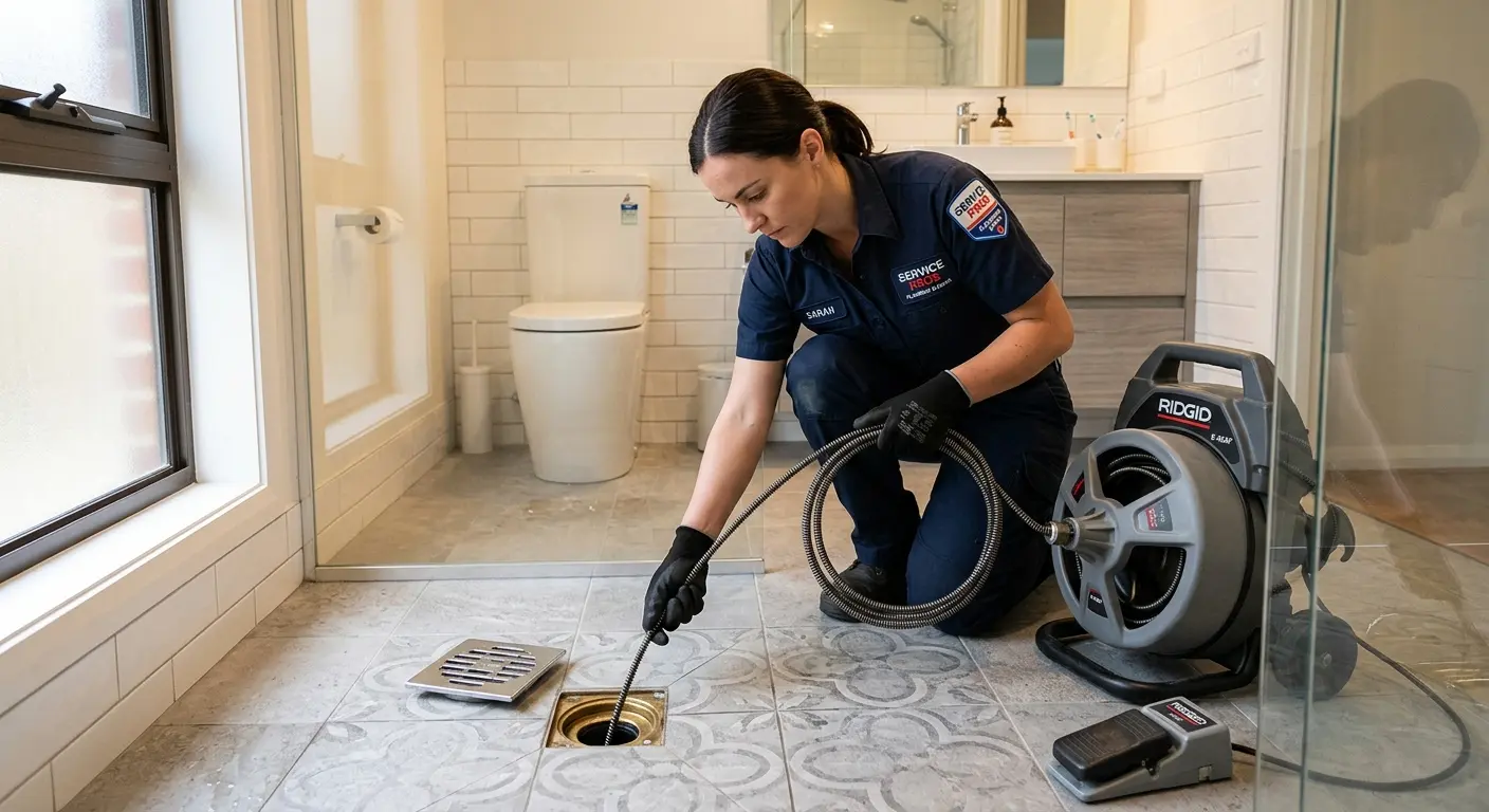 Technician clearing a bathroom floor drain for Clogged Drain Repair in Tewksbury